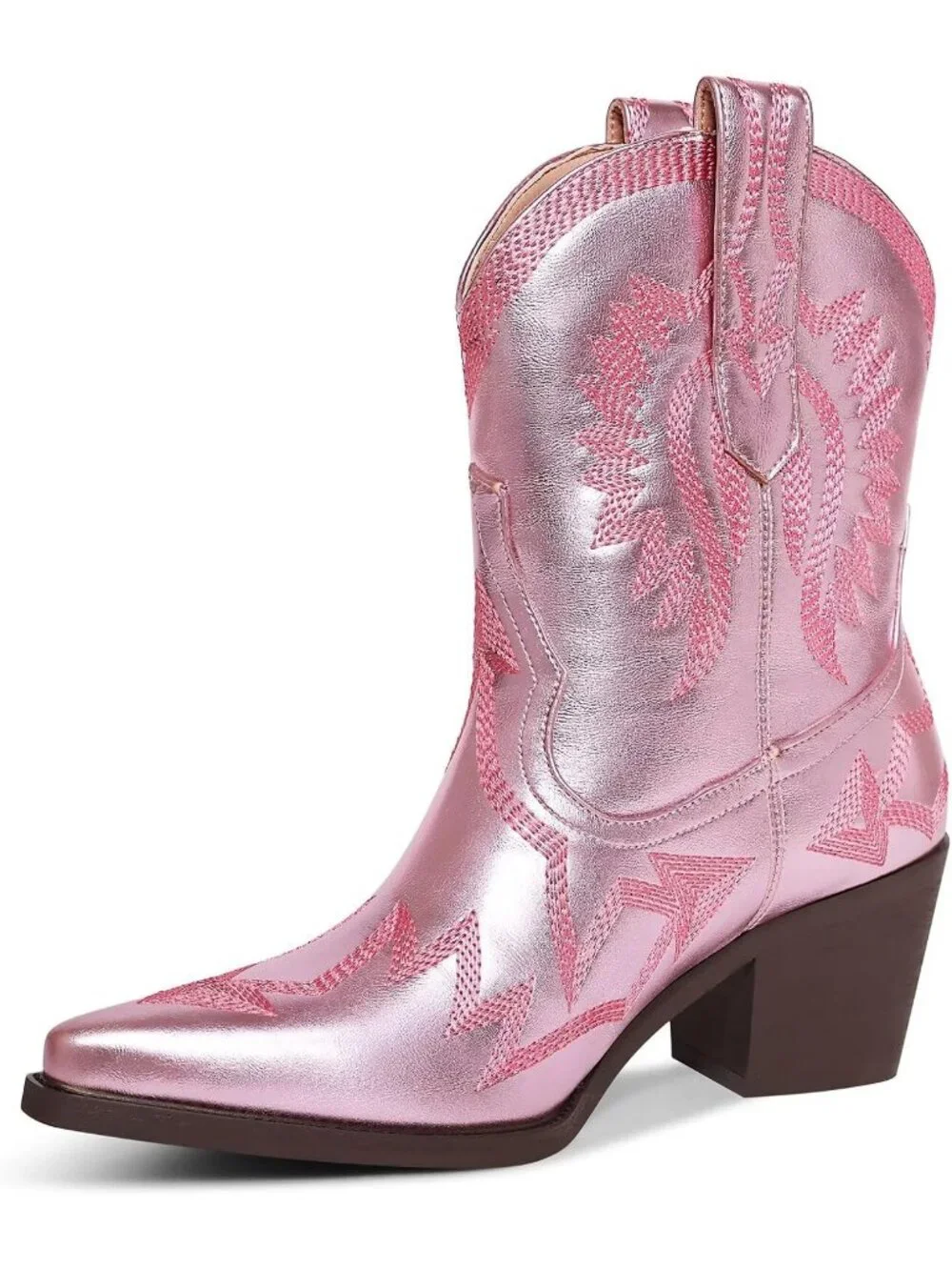 Women's Pink Western Ankle Cowgirl Boots Chunky Pointed Toe Wide Calf Boots